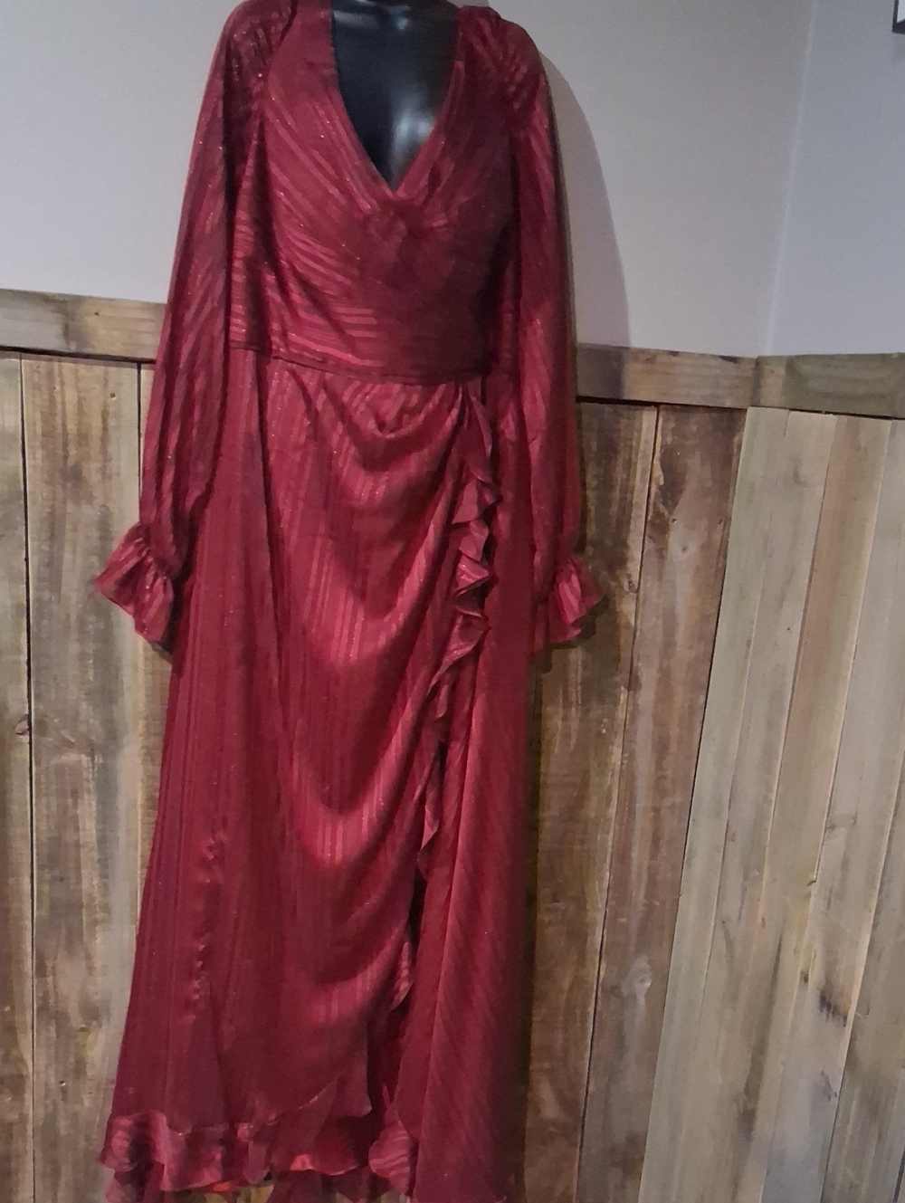 Mac Duggal Deep Wine Ruffled Wrap Maxi Dress